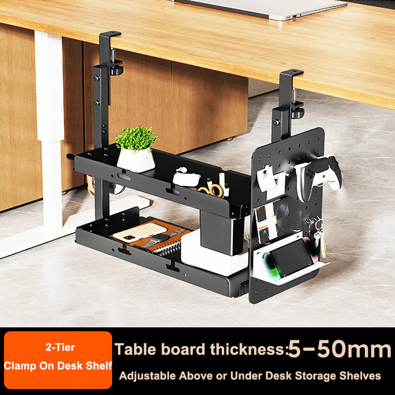 Gaming Accessories Organizer - クランプ式14インチデスク上・下2段棚ユニット、テーブルアクセサリー、ゲーム機器、その他の収納トレイ、デスクトップオーガナイザー